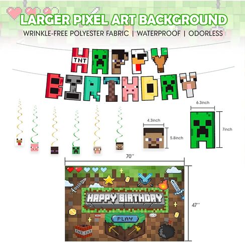 Pixel Game-Happy Birthday Banner- Includes Birthday Banner & Backdrop & Spiral Hanging supplies, Pixel party supplies Kit, Ideal for Game Theme Birthday Party Decorations. in Saudi Arabia