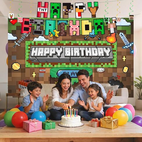 Pixel Game-Happy Birthday Banner- Includes Birthday Banner & Backdrop & Spiral Hanging supplies, Pixel party supplies Kit, Ideal for Game Theme Birthday Party Decorations. in Saudi Arabia