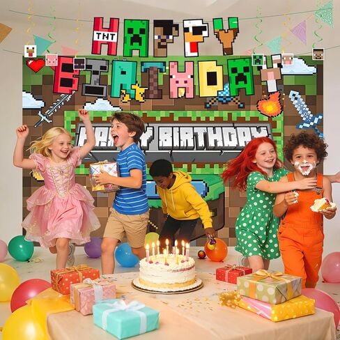 Pixel Game-Happy Birthday Banner- Includes Birthday Banner & Backdrop & Spiral Hanging supplies, Pixel party supplies Kit, Ideal for Game Theme Birthday Party Decorations. in Saudi Arabia