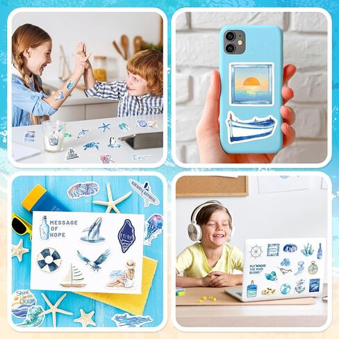 HomSeon 200PCS Ocean Stickers, Blue Aesthetic Beach Stickers for Girls Kids Teens Adults, Cute Vinyl Coastal Decals for Water Bottles Scrapbooks Laptops Party Favors in Saudi Arabia