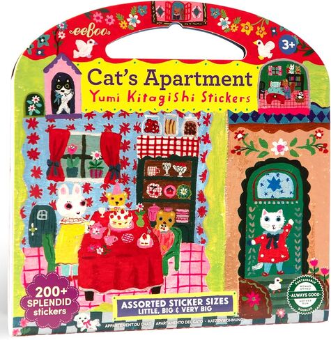 كتاب ملصقات شقة eeBoo Cat - أكثر من 200 ملصق قطط غريب الأطوار، 3 أحجام، كتاب 12 صفحة بمقبض، لعب إبداعي بدون شاشة، للأطفال بعمر 3 سنوات فما فوق in Kuwait