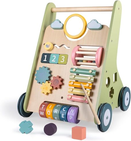 LOL-FUN Wooden Baby Walker with Wheels, Push Toy for Boys Girls 12 Months | Wooden push walker with 9 activities, adjustable wheels, storage and rubber tires for sitting play and first-step practice in Saudi Arabia