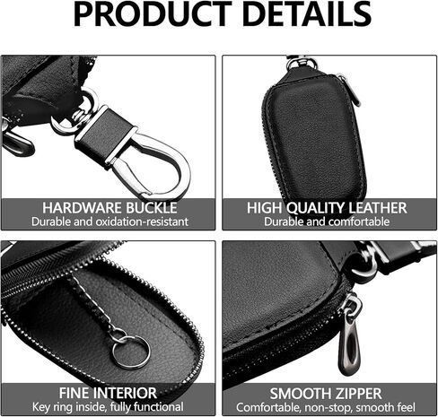 Wuyaoyao Car Key Case, Car Key Fob Cover Case, Leather Key Fob Case with Metal Hook and Keyring Zipper Bag for Remote Key Fob (Black) in Saudi Arabia