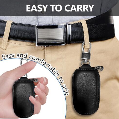 Wuyaoyao Car Key Case, Car Key Fob Cover Case, Leather Key Fob Case with Metal Hook and Keyring Zipper Bag for Remote Key Fob (Black) in Saudi Arabia