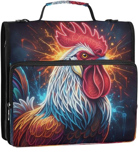 ALAZA Oil Painting Colorful Rooster Animal Zipper Binder 3 Ring Binder Organizer with Zipper and Shoulder Strap Large Capacity Multi-Pocket for Office Supplies Work in Saudi Arabia