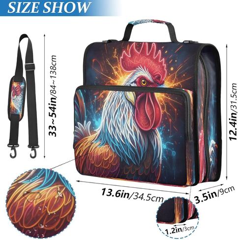 ALAZA Oil Painting Colorful Rooster Animal Zipper Binder 3 Ring Binder Organizer with Zipper and Shoulder Strap Large Capacity Multi-Pocket for Office Supplies Work in Saudi Arabia