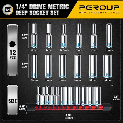 1/4" Drive Deep Socket Set, 12PCS Metric Socket Set (4-14mm), 12-Point Design, Blue Embossed Marking, Equipped with Storage Holder, Chrome Vanadium Steel in Saudi Arabia