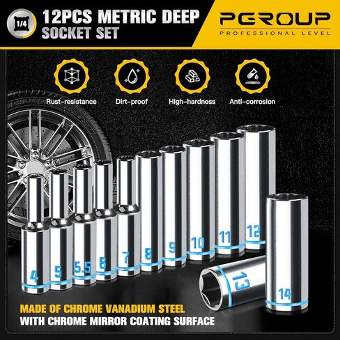 1/4" Drive Deep Socket Set, 12PCS Metric Socket Set (4-14mm), 12-Point Design, Blue Embossed Marking, Equipped with Storage Holder, Chrome Vanadium Steel in Saudi Arabia