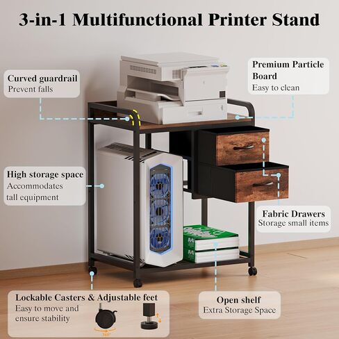 Unionly Large Printer Stand with 2 Fabric Drawers, Mobile Printer Table with Wheels and Computer Tower Slot for Home Office Storage and Organization, Rustic Brown (Rustic Brown) in Saudi Arabia
