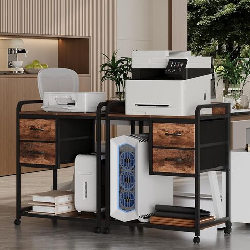 Unionly Large Printer Stand with 2 Fabric Drawers, Mobile Printer Table with Wheels and Computer Tower Slot for Home Office Storage and Organization, Rustic Brown (Rustic Brown) in Saudi Arabia