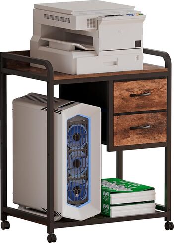 Unionly Large Printer Stand with 2 Fabric Drawers, Mobile Printer Table with Wheels and Computer Tower Slot for Home Office Storage and Organization, Rustic Brown (Rustic Brown) in Saudi Arabia