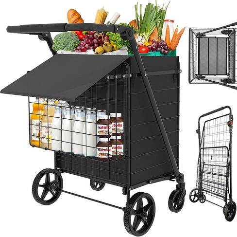 JIALIJIU Grocery Cart on Wheels with Adjustable Handle, Waterproof Bag, 10-min Assembly Heavy-Duty Foldable Shopping Cart for Apartments, Laundry, Camping, Max Load 320 LBS, Black in Saudi Arabia