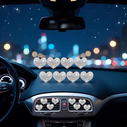 8 Pcs Silver Bling Heart Air Vent Clips, Crystal Car Fresheners, Diffuser With Rhinestone Decoration, Cute Interior Accessories for Women Girls, Decorations in Saudi Arabia