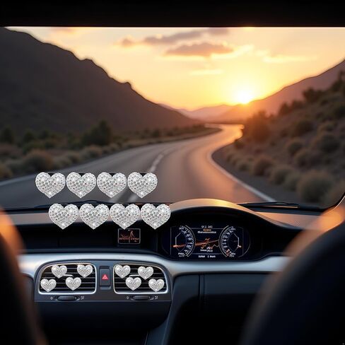 8 Pcs Silver Bling Heart Air Vent Clips, Crystal Car Fresheners, Diffuser With Rhinestone Decoration, Cute Interior Accessories for Women Girls, Decorations in Saudi Arabia