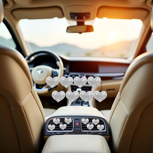 8 Pcs Silver Bling Heart Air Vent Clips, Crystal Car Fresheners, Diffuser With Rhinestone Decoration, Cute Interior Accessories for Women Girls, Decorations in Saudi Arabia