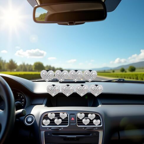 8 Pcs Silver Bling Heart Air Vent Clips, Crystal Car Fresheners, Diffuser With Rhinestone Decoration, Cute Interior Accessories for Women Girls, Decorations in Saudi Arabia