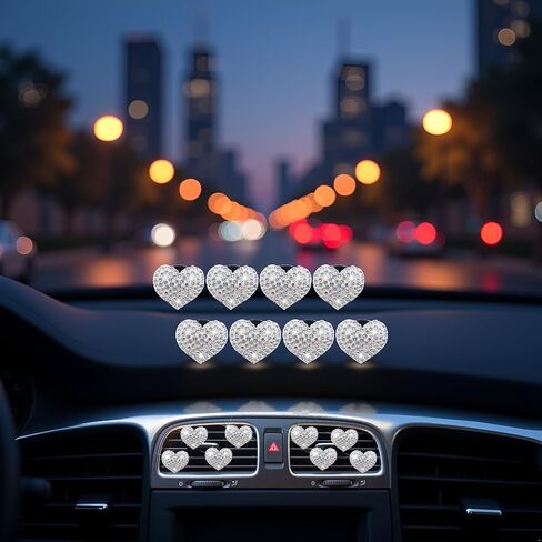 8 Pcs Silver Bling Heart Air Vent Clips, Crystal Car Fresheners, Diffuser With Rhinestone Decoration, Cute Interior Accessories for Women Girls, Decorations in Saudi Arabia