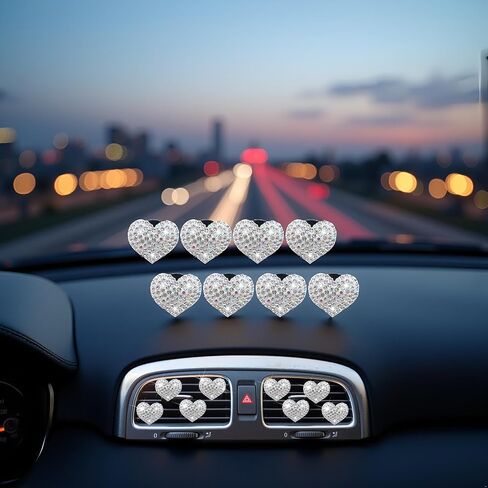 8 Pcs Silver Bling Heart Air Vent Clips, Crystal Car Fresheners, Diffuser With Rhinestone Decoration, Cute Interior Accessories for Women Girls, Decorations in Saudi Arabia