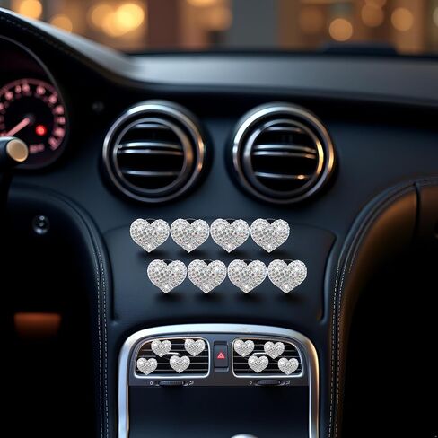 8 Pcs Silver Bling Heart Air Vent Clips, Crystal Car Fresheners, Diffuser With Rhinestone Decoration, Cute Interior Accessories for Women Girls, Decorations in Saudi Arabia