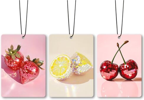 Preppy Disco Fruits Car Air Freshener Accessories 3pcs, Strawberry Lemon Cherry Hanging Air Fresheners Decor for Girly Room Closet, Trendy Scent Fruits Fragrance Card for Women Girls Kitchen in Saudi Arabia