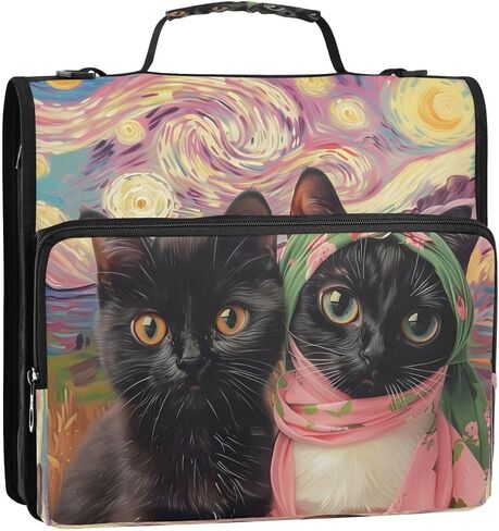 ALAZA Black Cat Kitten Starry Sky Watercolor Zipper Binder 3 Ring Binder Organizer with Zipper and Shoulder Strap Large Capacity Multi-Pocket for Office Supplies Work in Saudi Arabia