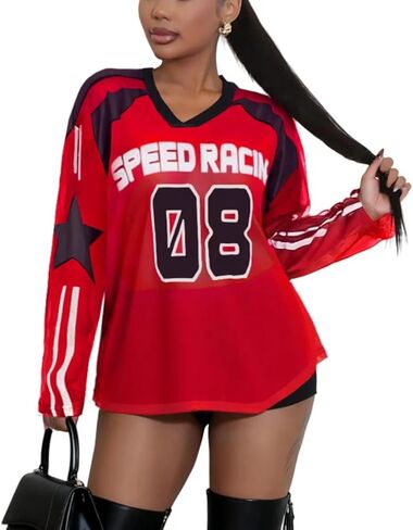 Jersey Shirts for Women - Mesh Long Sleeve Tops Sheer Blouse Graphic Tees Casual Party Club Y2k Streetwear in Saudi Arabia