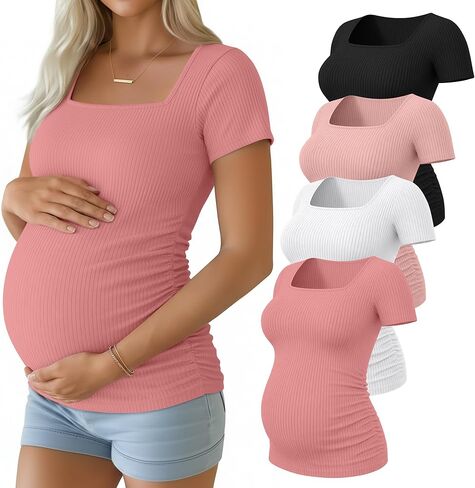 Huukeay 4 Pack Women's Maternity Shirts Cotton Ribbed Short Sleeve Square Neck Pregnancy Tops Side Ruched Summer Tee in Saudi Arabia