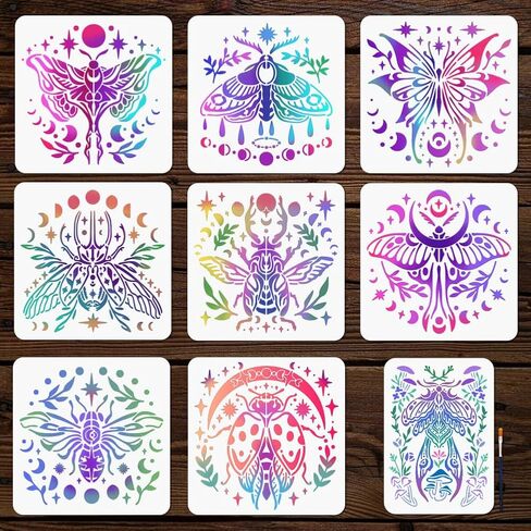 MAYJOYDIY 9Pcs Insect and Moon Phases Stencils Butterfy Moths Beetle Reusable Stencil for Painting Drawing Template with Paint Brush for Wall Furniture Paper Scrapbook Decor in Kuwait