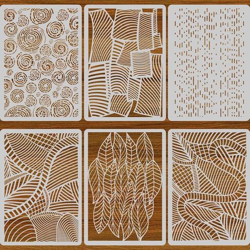 6Pcs 6 Styles Mixed Media Stencils Abstract Texture Stencils 12 x 8.3 Inch Leaves Lines Textures Pattern Rectangle PET Plastic Hollow Out Drawing Templates for Wood Wall Glass DIY Crafts in Kuwait