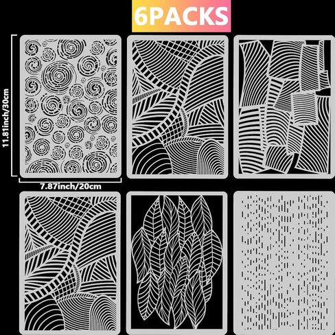 6Pcs 6 Styles Mixed Media Stencils Abstract Texture Stencils 12 x 8.3 Inch Leaves Lines Textures Pattern Rectangle PET Plastic Hollow Out Drawing Templates for Wood Wall Glass DIY Crafts in Kuwait
