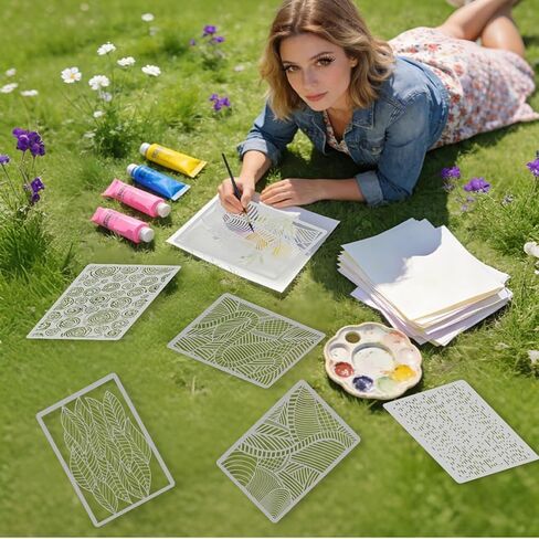 6Pcs 6 Styles Mixed Media Stencils Abstract Texture Stencils 12 x 8.3 Inch Leaves Lines Textures Pattern Rectangle PET Plastic Hollow Out Drawing Templates for Wood Wall Glass DIY Crafts in Kuwait