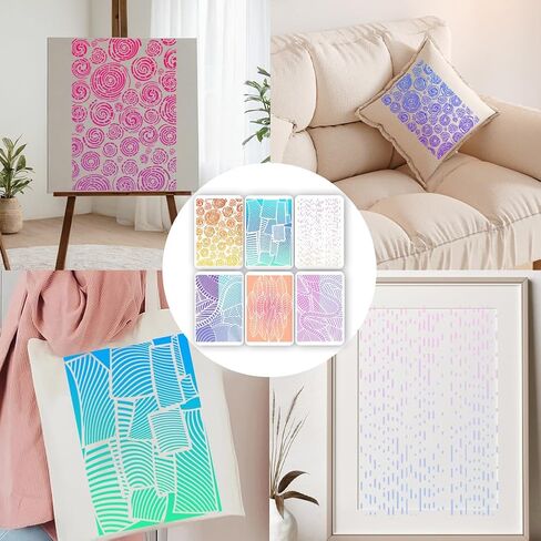6Pcs 6 Styles Mixed Media Stencils Abstract Texture Stencils 12 x 8.3 Inch Leaves Lines Textures Pattern Rectangle PET Plastic Hollow Out Drawing Templates for Wood Wall Glass DIY Crafts in Kuwait