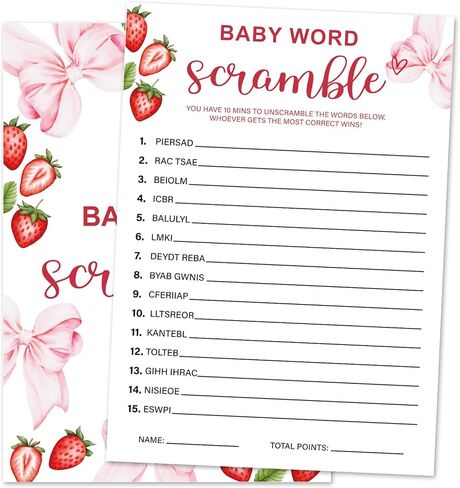 Strawberry Bow Baby Shower Game Cards, Word Scramble Berry Sweet Baby Shower Games Ideas for Girl, Gender Neutral Party Supplies /30 Cards & 1 Answer Cards-baby10 in Saudi Arabia