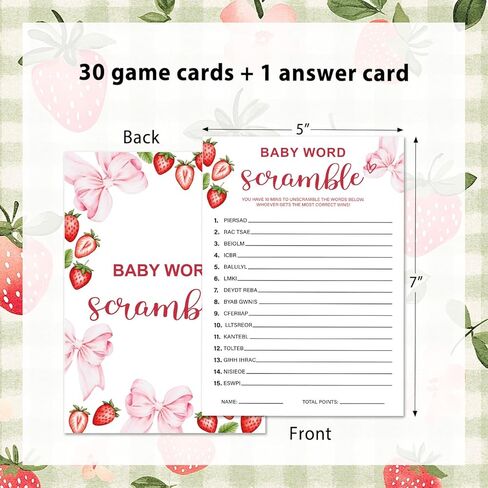 Strawberry Bow Baby Shower Game Cards, Word Scramble Berry Sweet Baby Shower Games Ideas for Girl, Gender Neutral Party Supplies /30 Cards & 1 Answer Cards-baby10 in Saudi Arabia