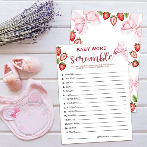 Strawberry Bow Baby Shower Game Cards, Word Scramble Berry Sweet Baby Shower Games Ideas for Girl, Gender Neutral Party Supplies /30 Cards & 1 Answer Cards-baby10 in Saudi Arabia