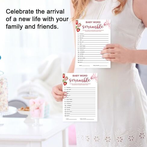 Strawberry Bow Baby Shower Game Cards, Word Scramble Berry Sweet Baby Shower Games Ideas for Girl, Gender Neutral Party Supplies /30 Cards & 1 Answer Cards-baby10 in Saudi Arabia