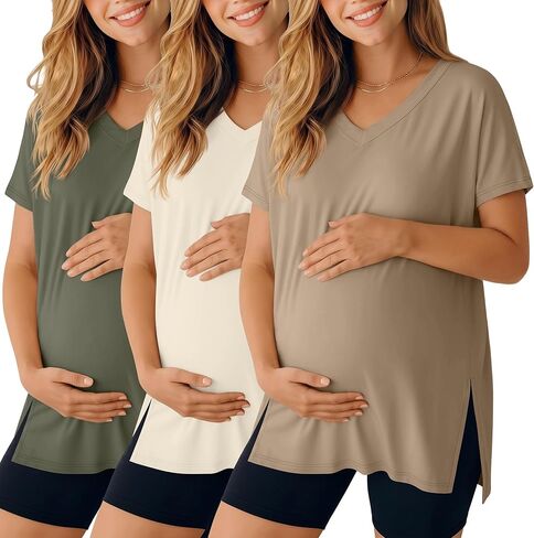 Ficerd 3 Pack Women's Maternity Shirts Short Sleeve Pregnancy T-Shirts V Neck Split Side Tops Casual Soft Maternity Clothes in Saudi Arabia