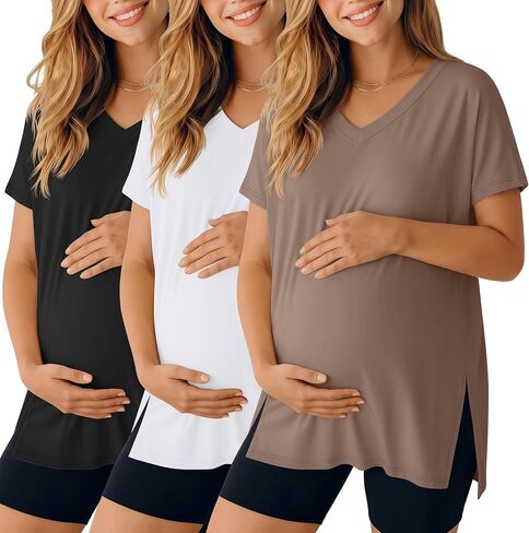 Ficerd 3 Pack Women's Maternity Shirts | Short Sleeve,Pregnancy T-Shirts, V Neck, Split Side Tops, Casual, Soft, Maternity Clothes in Saudi Arabia