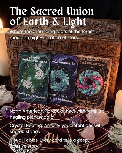 The Earthlight Fables Oracle Cards with Soft PU Pouch - 45 Plant & Crystal Deck. Portable Spirit Altar & Meditation Gift for Beginners,Green Witches & Self-Care (Black & Gold Foil) in Saudi Arabia