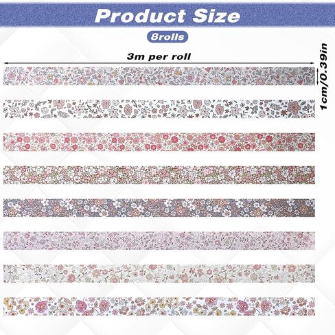 8 Rolls Floral Washi Tape, Cute Washi Tape Thin Retro Decorative Antique Patterns Masking Tapes for Arts,DIY Crafts,Journals,Planners,Scrapbook,Junk Journal,Wrapping in Kuwait