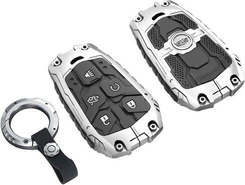 غطاء مفتاح فوب من سبائك الزنك لكاديلاك ATS ATS-v CTS CT6 XTS XT5 XT4 XT6 SRX 2014 2015 2016 2017 2018 2019 2020 2021 حافظة حماية من سبائك الزنك بدون مفتاح مع سلسلة مفاتيح (فضي) in Kuwait
