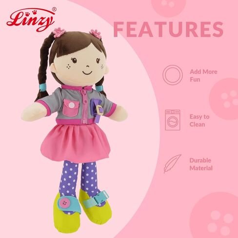 Linzy 15" Learn to Dress Stuffed Doll with Grey Jacket, Educational Montessori Doll for Toddlers, Soft Buckle Toy Gifts for 2 Year Old Girls in Saudi Arabia