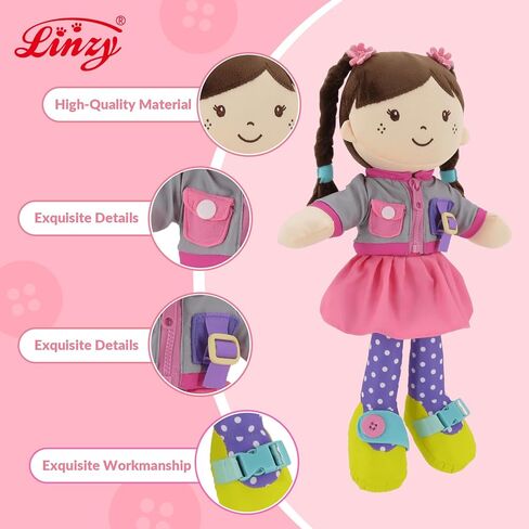 Linzy 15" Learn to Dress Stuffed Doll with Grey Jacket, Educational Montessori Doll for Toddlers, Soft Buckle Toy Gifts for 2 Year Old Girls in Saudi Arabia
