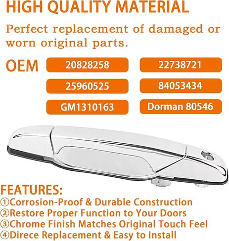 22738721 Exterior Chrome Door Handle Front Left Driver Side Fit for 2007-2013 GMC Sierra Yukon XL Denali, Chevy Tahoe Avalanche Silverado Suburban, Cadillac Escalade ESV. Replaces# 20828258, 22738721 in Saudi Arabia