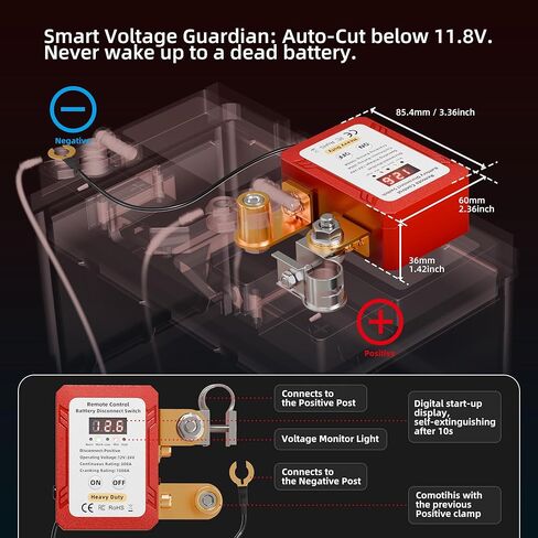 300A Remote Battery Disconnect Switch 12V 24V Adaptive, Anti-Theft Wireless Battery Cut Off Switch with Smart LED Voltage Monitor, Upgraded Positive Terminal Kill Switch for Car Truck RV in Saudi Arabia