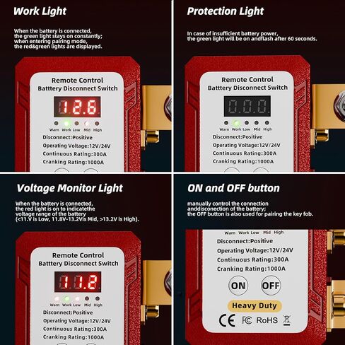 300A Remote Battery Disconnect Switch 12V 24V Adaptive, Anti-Theft Wireless Battery Cut Off Switch with Smart LED Voltage Monitor, Upgraded Positive Terminal Kill Switch for Car Truck RV in Saudi Arabia