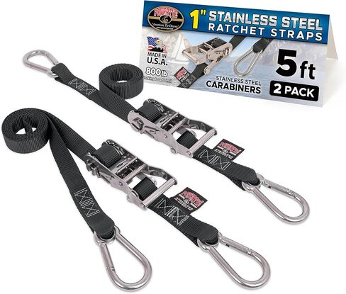 PowerTye 1 inch x 5ft Stainless Steel Ratchet Straps with Stainless Steel Carabiner Hooks, 800lb Working Load / 2400lb Break Strength, for Boats, Cargo & Marine Use, Made in USA, Black (2-Pack) in Saudi Arabia