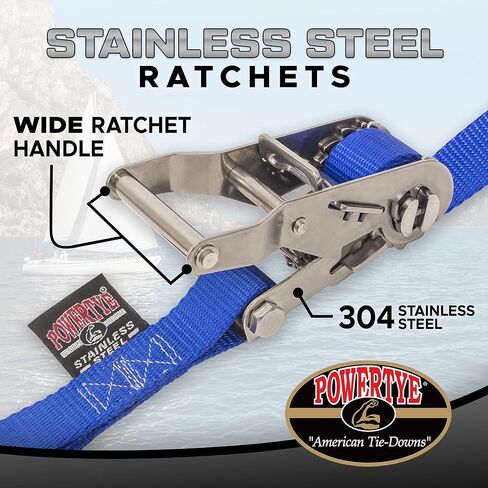 PowerTye 1 inch x 5ft Stainless Steel Ratchet Straps with Stainless Steel Carabiner Hooks, 800lb Working Load / 2400lb Break Strength, for Boats, Cargo & Marine Use, Made in USA, Black (2-Pack) in Saudi Arabia