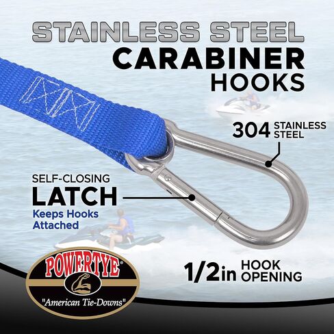 PowerTye 1 inch x 5ft Stainless Steel Ratchet Straps with Stainless Steel Carabiner Hooks, 800lb Working Load / 2400lb Break Strength, for Boats, Cargo & Marine Use, Made in USA, Black (2-Pack) in Saudi Arabia