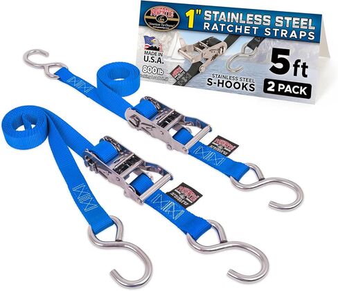 PowerTye 1 inch x 5ft Stainless Steel Ratchet Straps with Stainless Steel Carabiner Hooks, 800lb Working Load / 2400lb Break Strength, for Boats, Cargo & Marine Use, Made in USA, Black (2-Pack) in Saudi Arabia